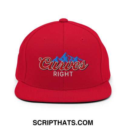Red snapback hat with embroidered curves right logo featuring blue mountain peaks and white lettering on front