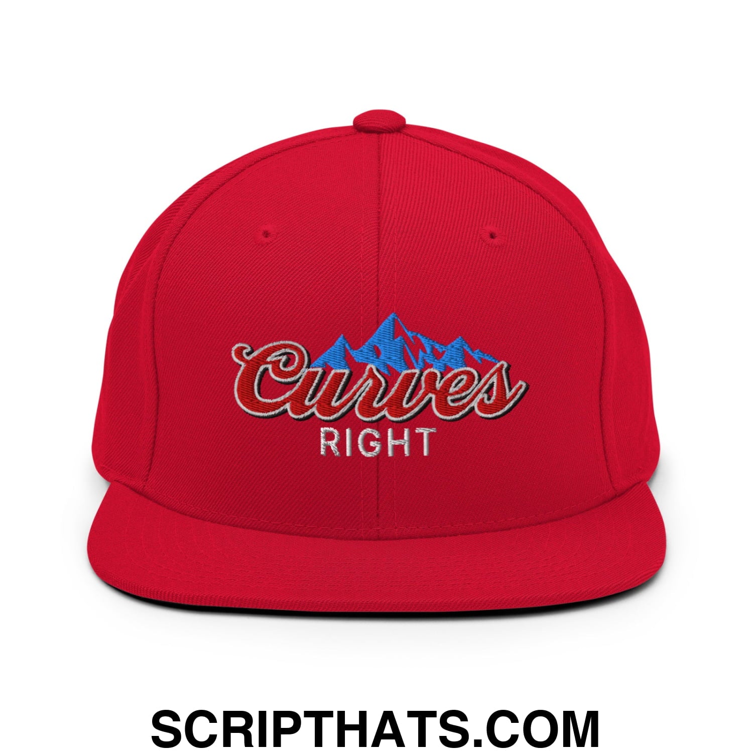Curves Right Embroidered Flat Bill Brim Snapback Hat Red