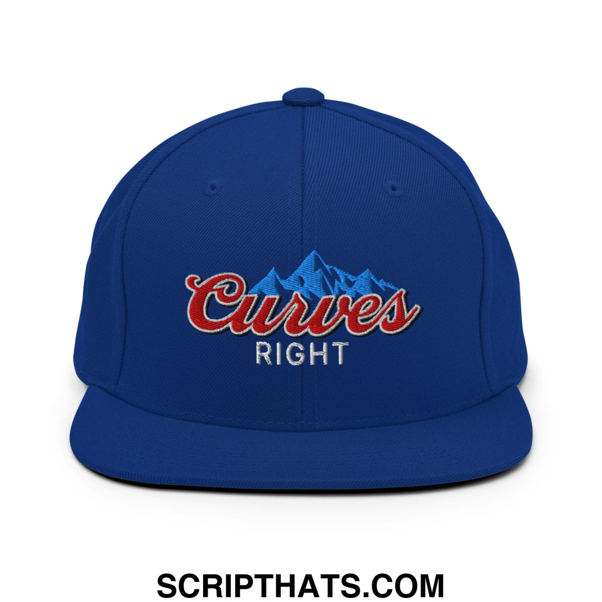Royal blue snapback hat with embroidered red curves right logo and silver mountain graphic flat bill brim