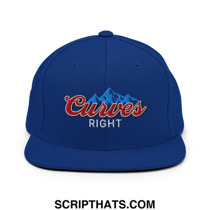 Royal blue snapback hat with embroidered red curves right logo and silver mountain graphic flat bill brim