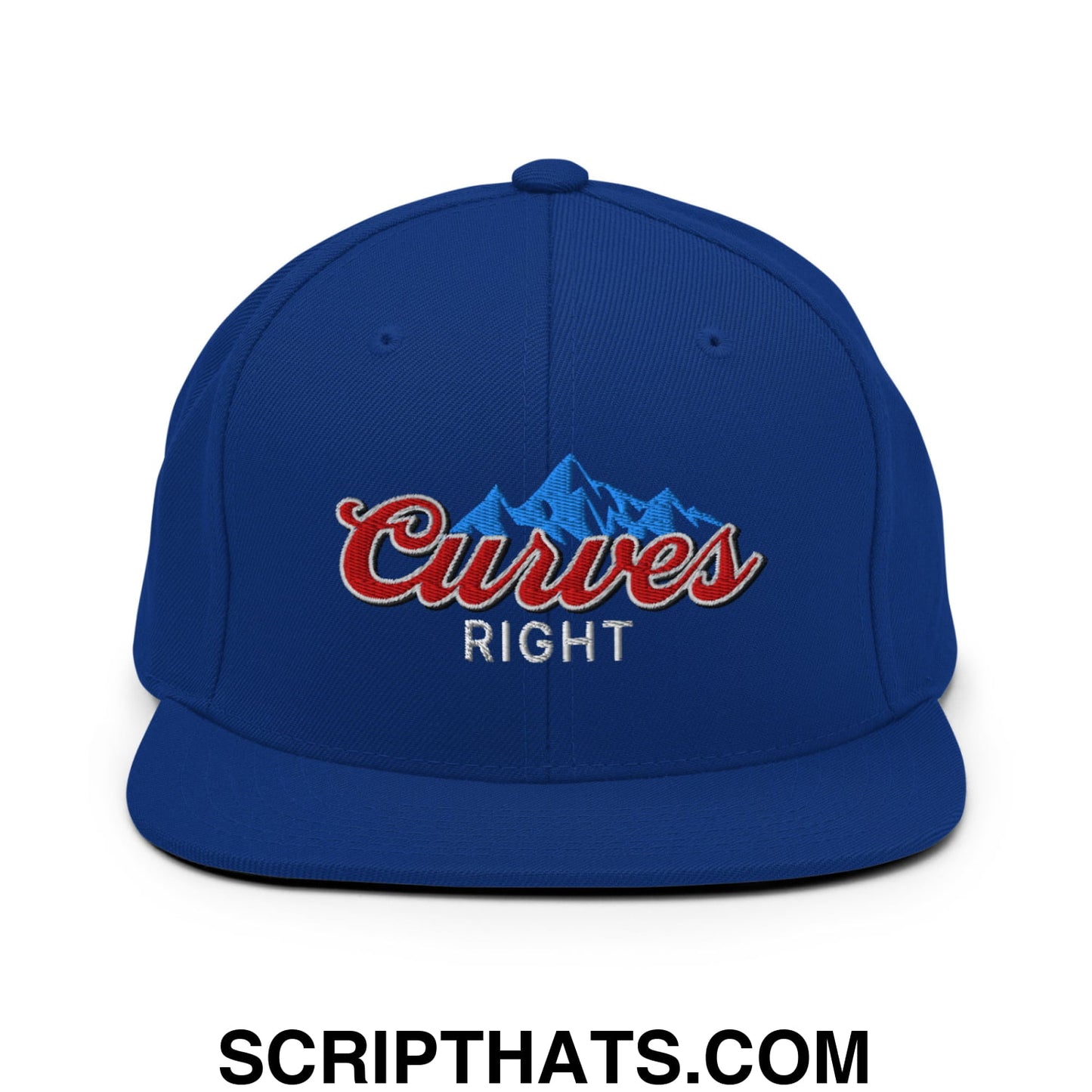 Curves Right Embroidered Flat Bill Brim Snapback Hat Royal Blue