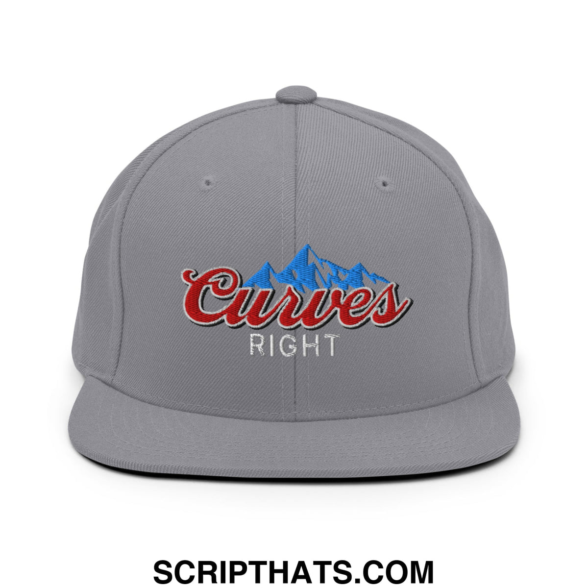 Gray snapback hat with embroidered curves right red script and blue mountain design flat bill brim style