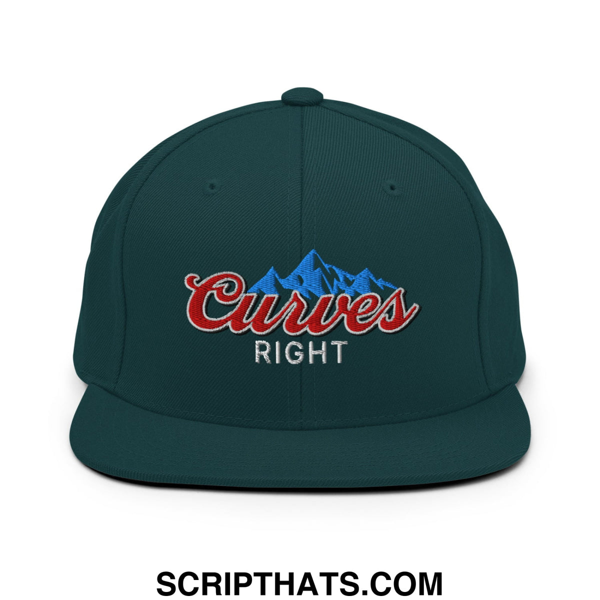 Dark green snapback cap with flat bill brim featuring embroidered curves right logo in red and blue mountain graphic