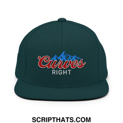 Dark green snapback cap with flat bill brim featuring embroidered curves right logo in red and blue mountain graphic
