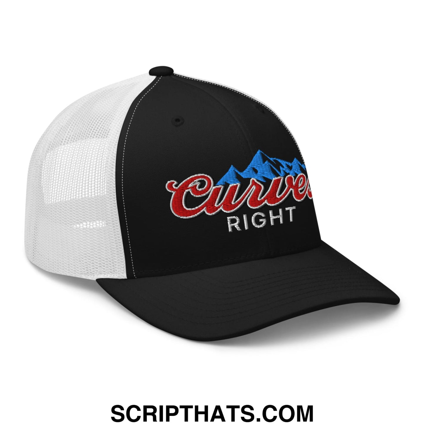 Curves Right Embroidered Mesh Trucker Hat Black White