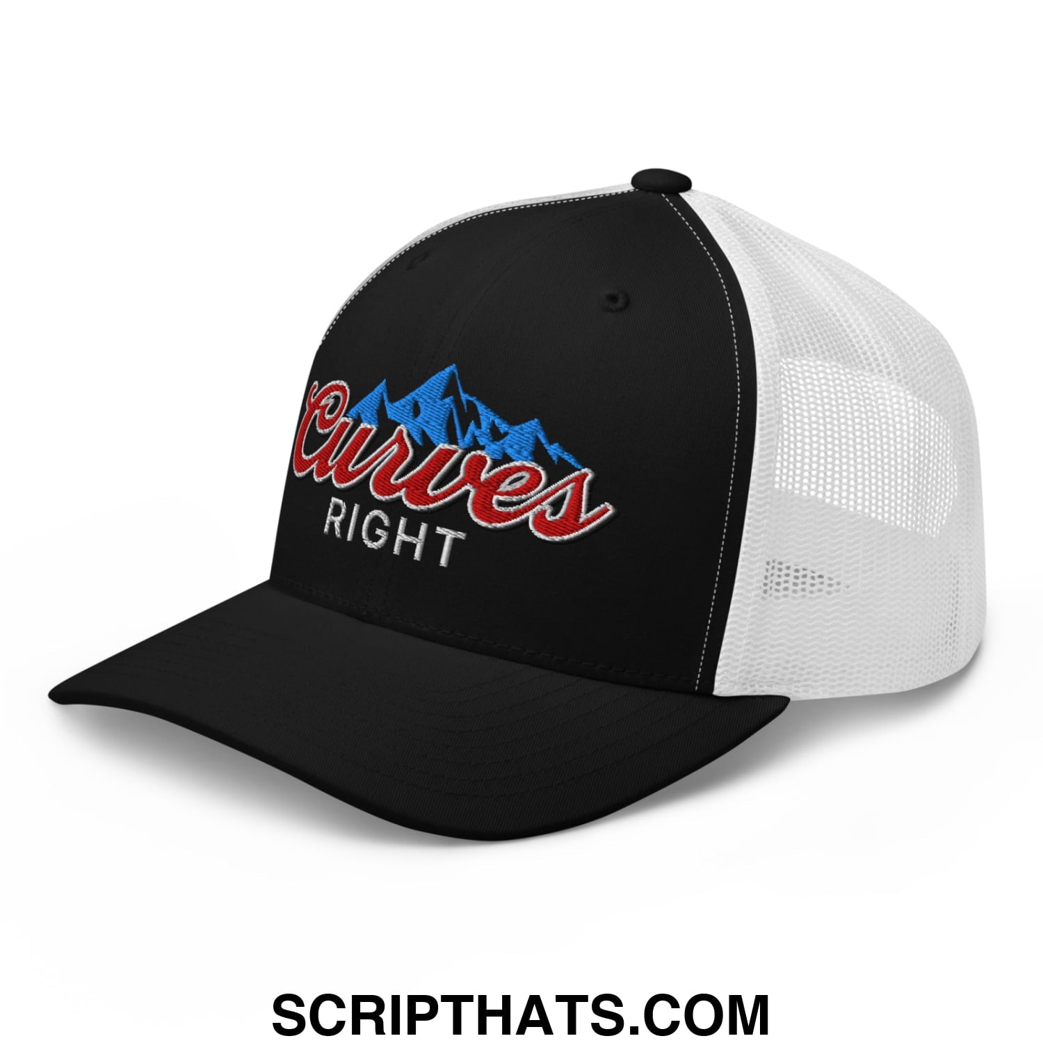 Curves Right Embroidered Mesh Trucker Hat Black White