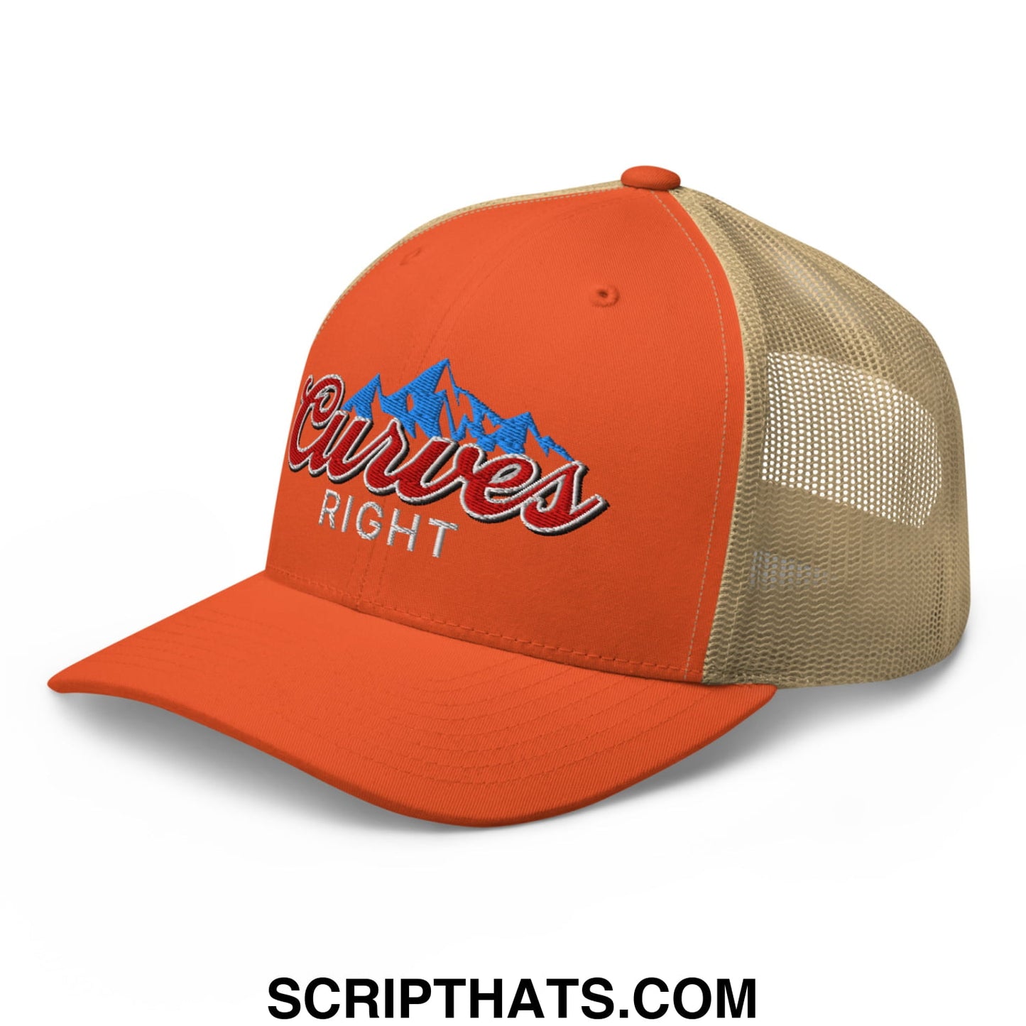 Curves Right Embroidered Mesh Trucker Hat Rustic Orange Khaki