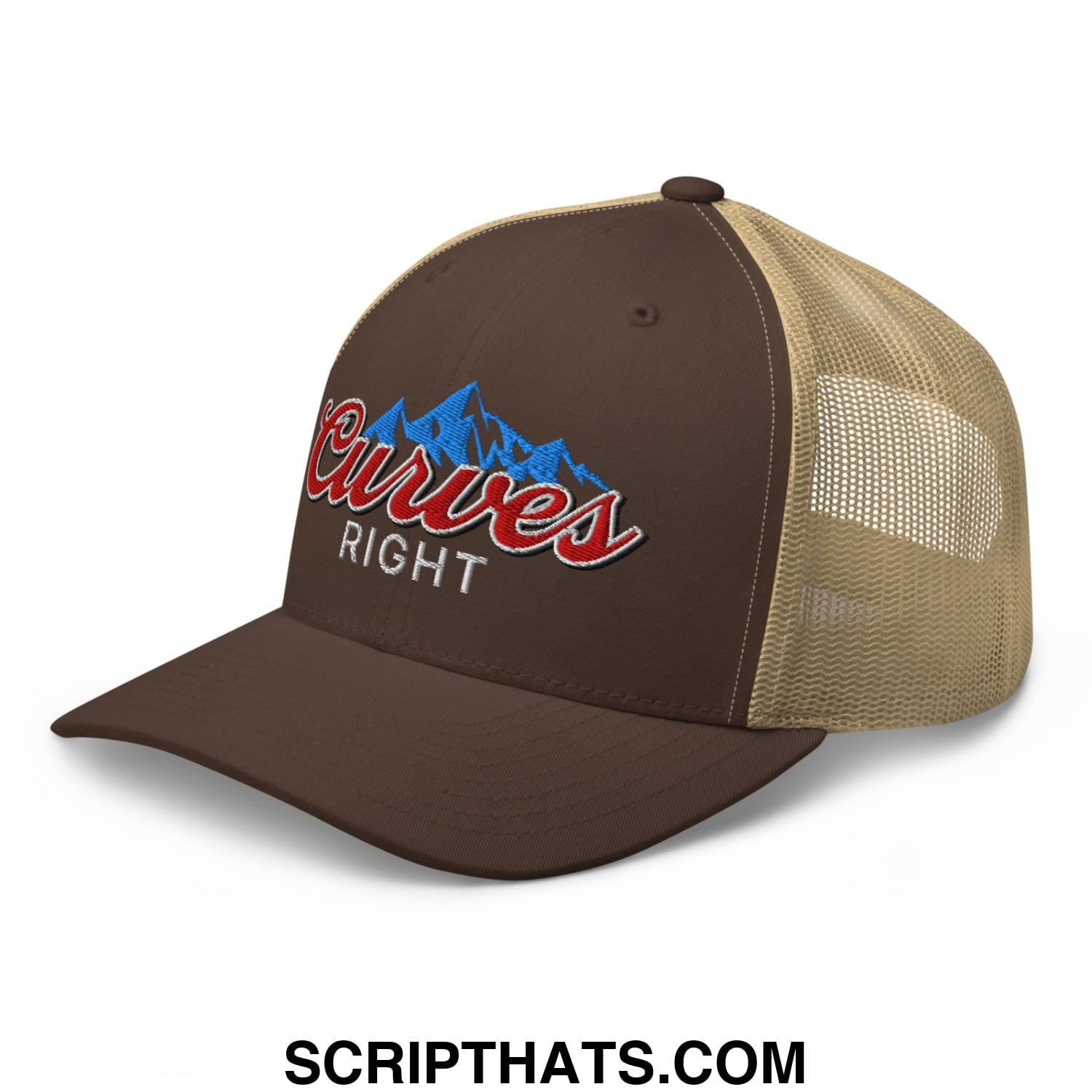 Curves Right Embroidered Mesh Trucker Hat Brown Khaki