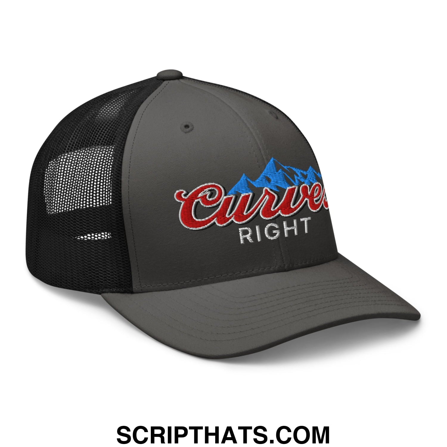Curves Right Embroidered Mesh Trucker Hat Charcoal Black