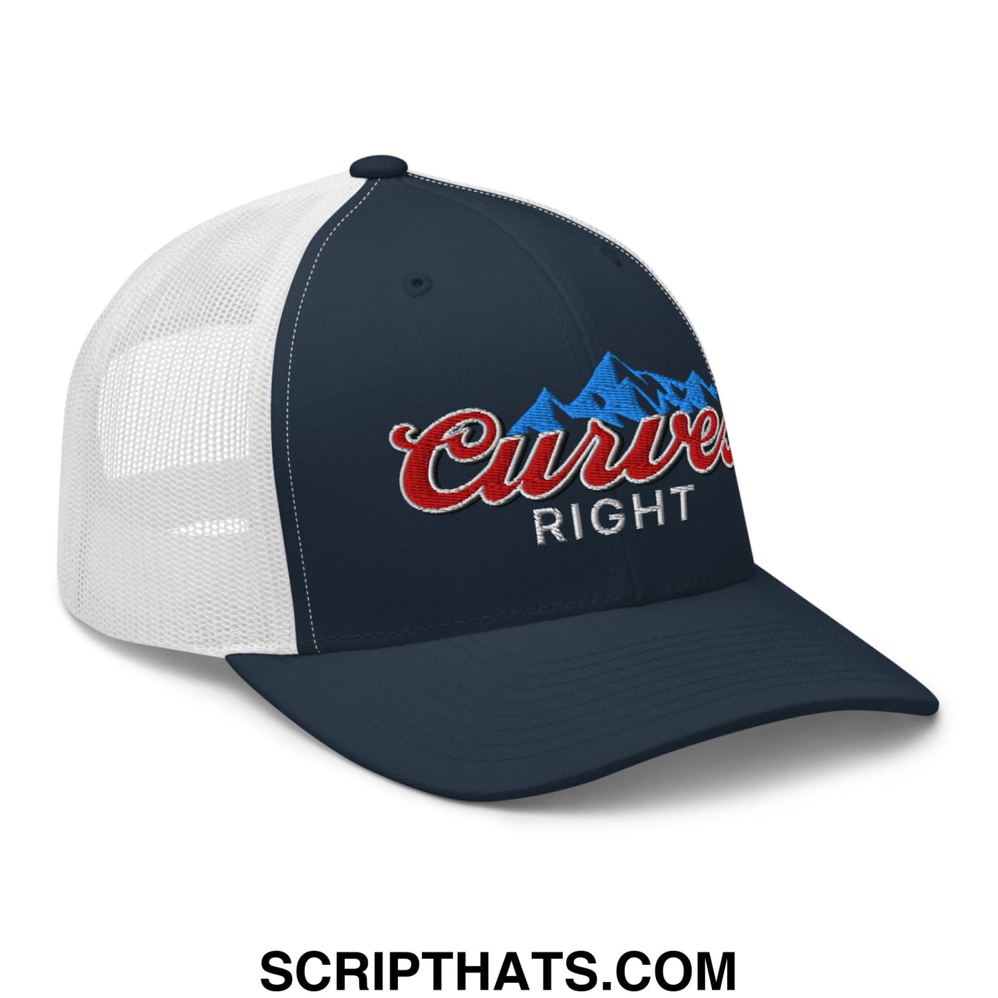Curves Right Embroidered Mesh Trucker Hat Navy White