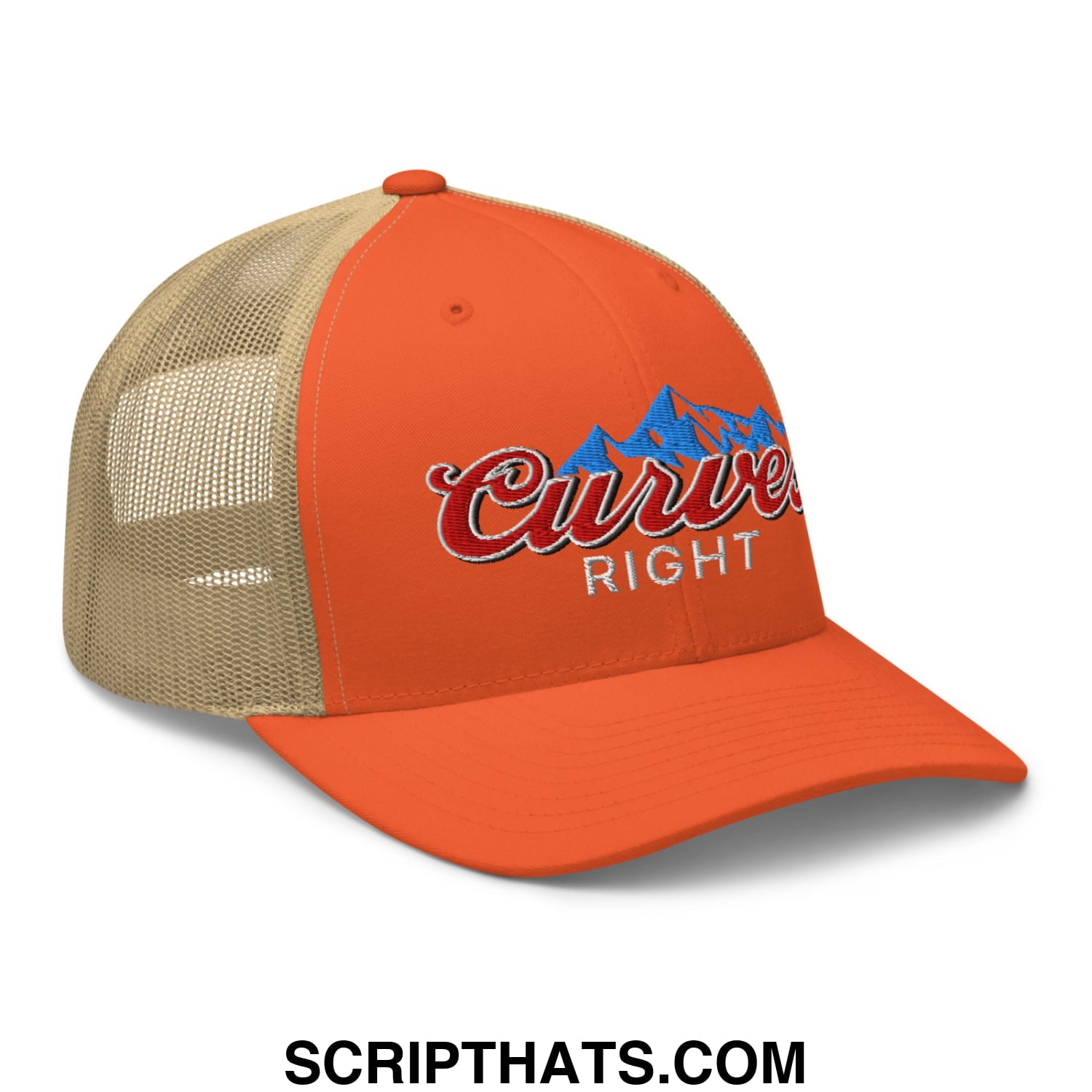 Curves Right Embroidered Mesh Trucker Hat Rustic Orange Khaki