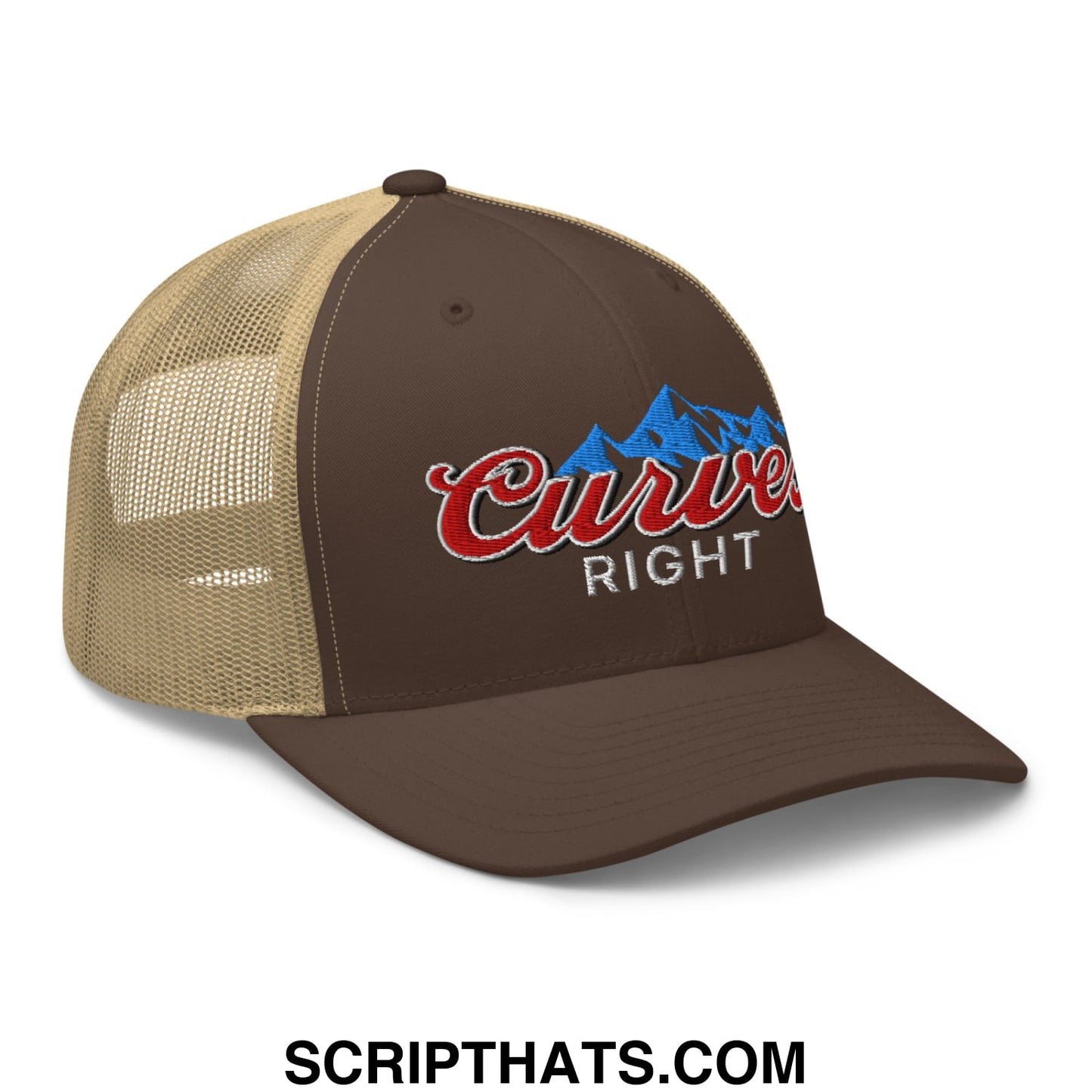 Curves Right Embroidered Mesh Trucker Hat Brown Khaki