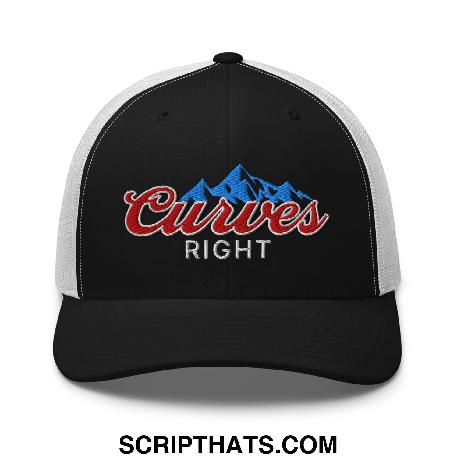 Curves Right Embroidered Mesh Trucker Hat Black White