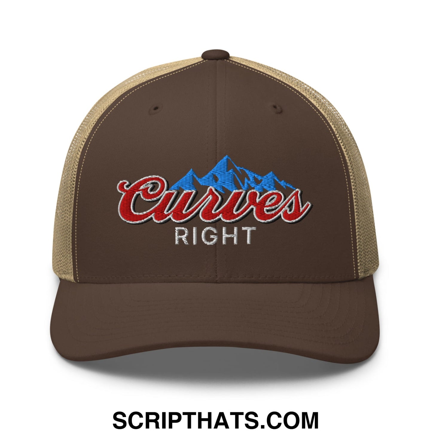 Curves Right Embroidered Mesh Trucker Hat Brown Khaki