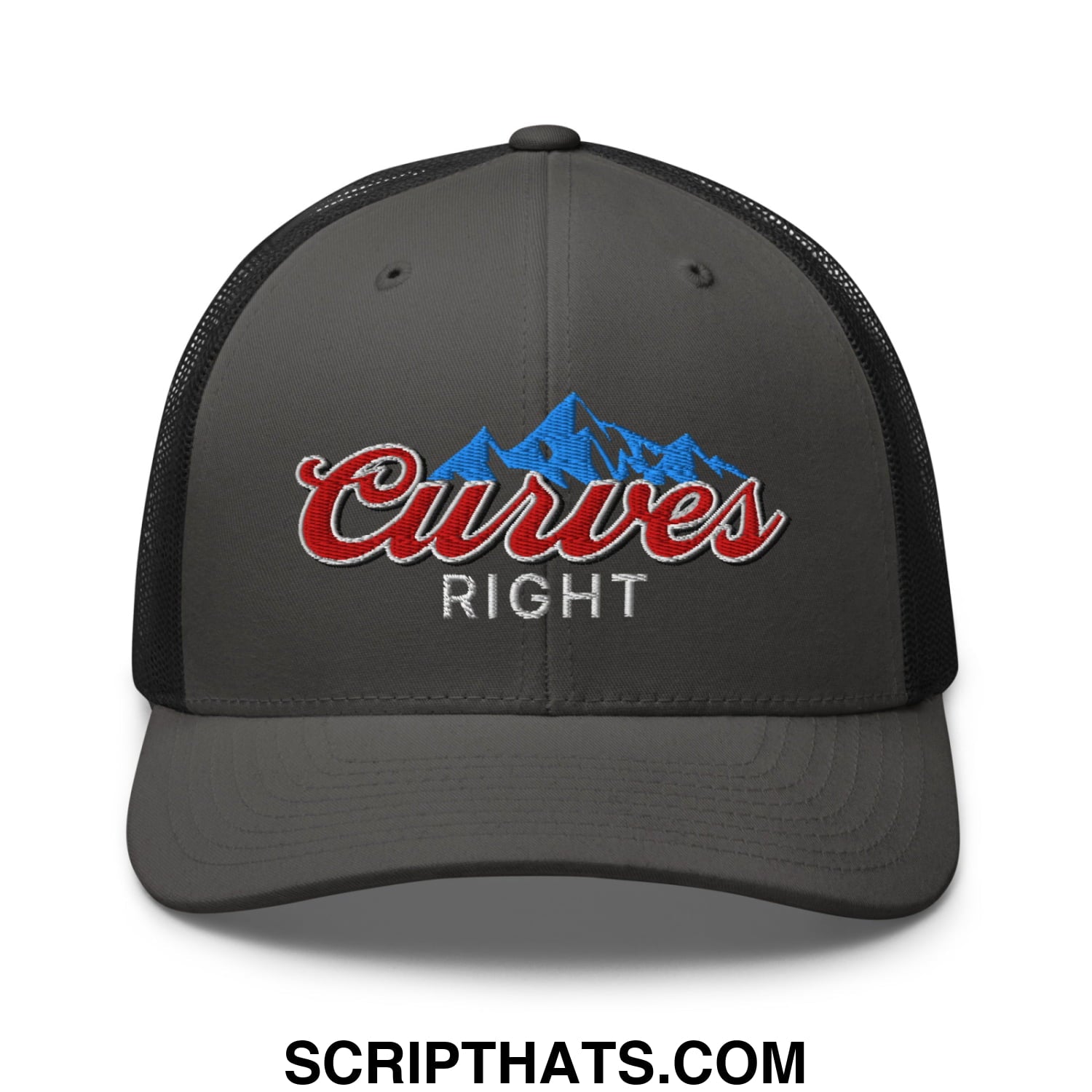 Curves Right Embroidered Mesh Trucker Hat Charcoal Black