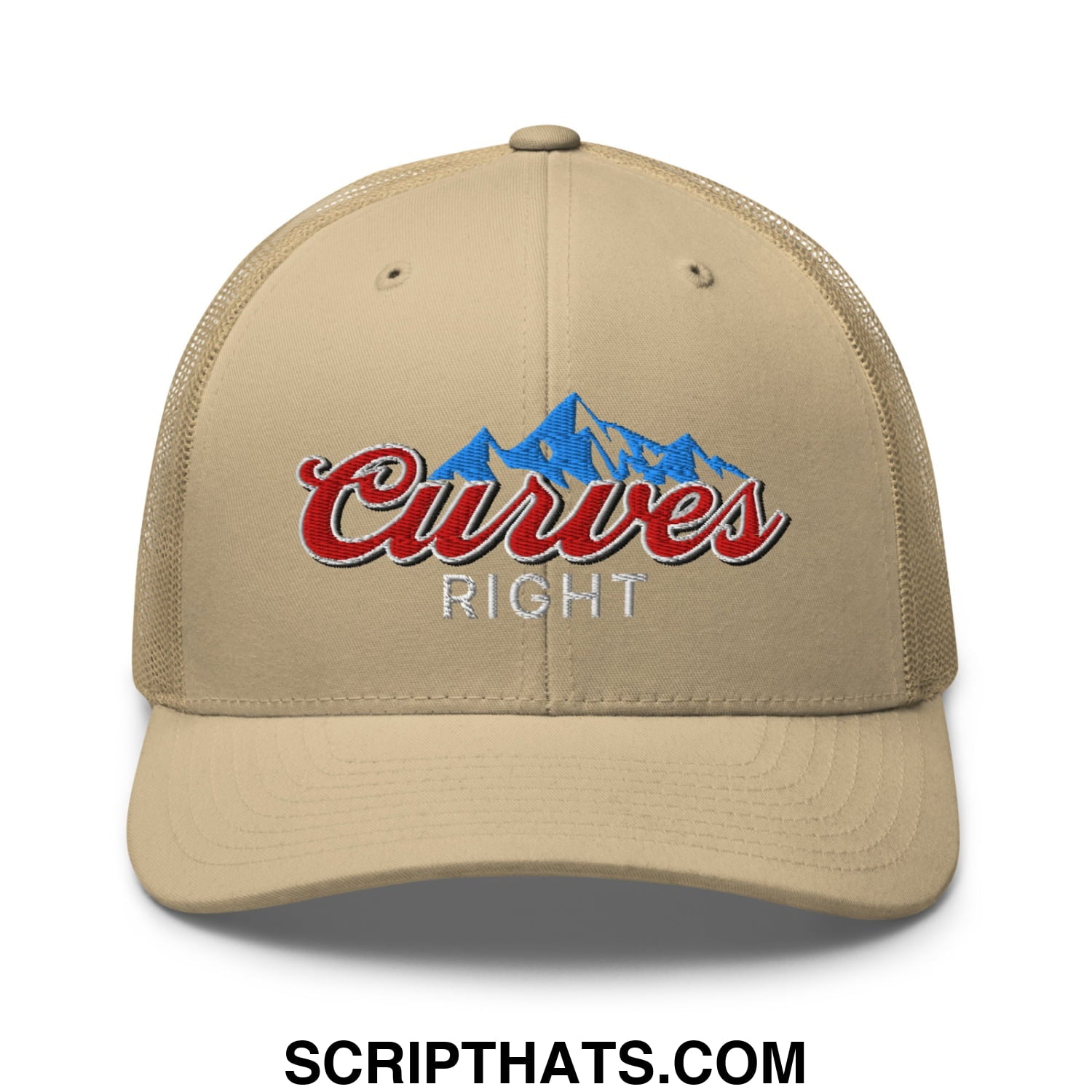 Curves Right Embroidered Mesh Trucker Hat Khaki