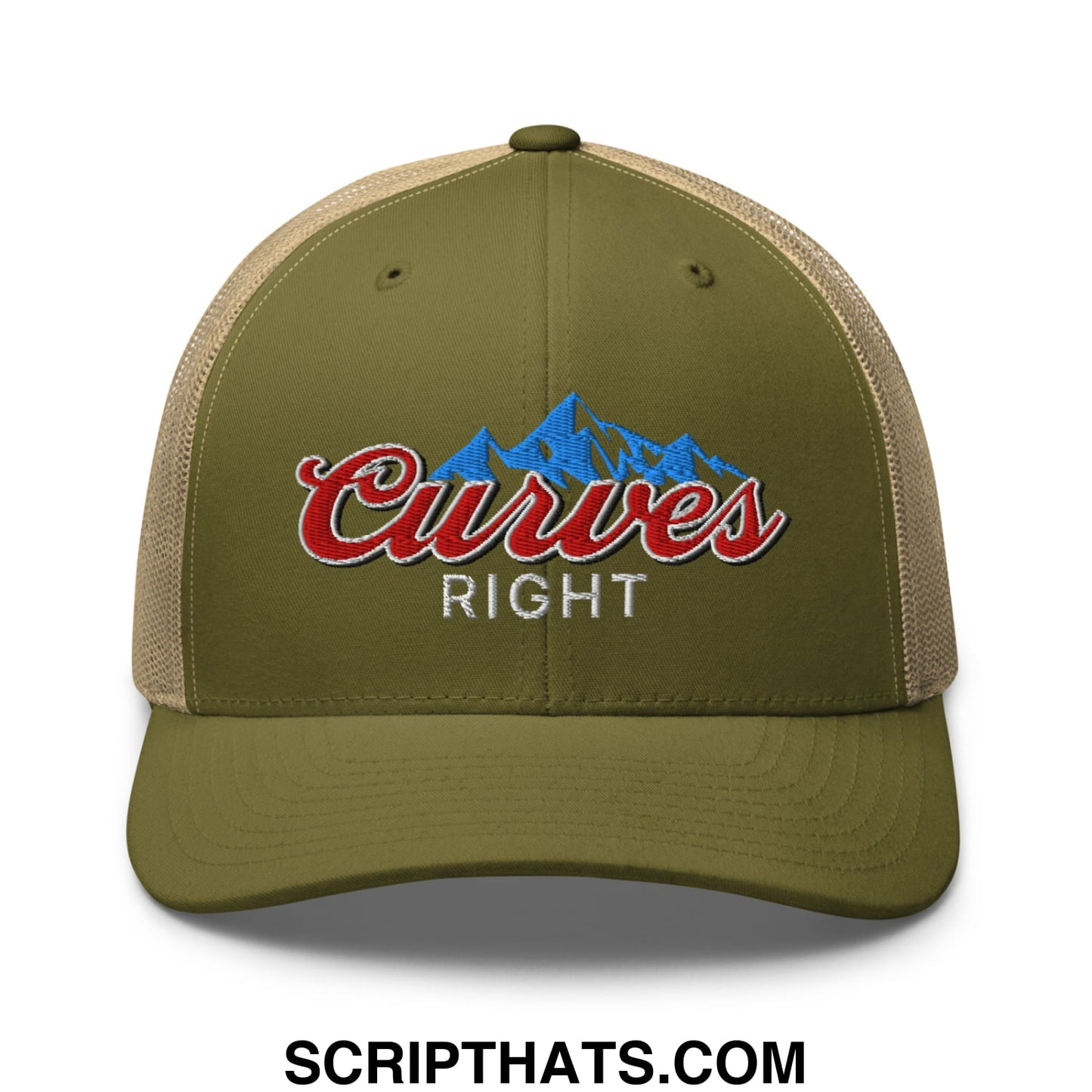 Curves Right Embroidered Mesh Trucker Hat Moss Khaki