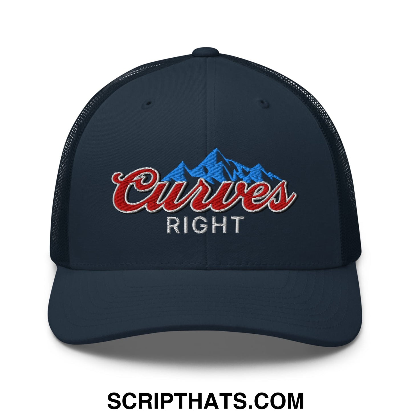 Curves Right Embroidered Mesh Trucker Hat Navy