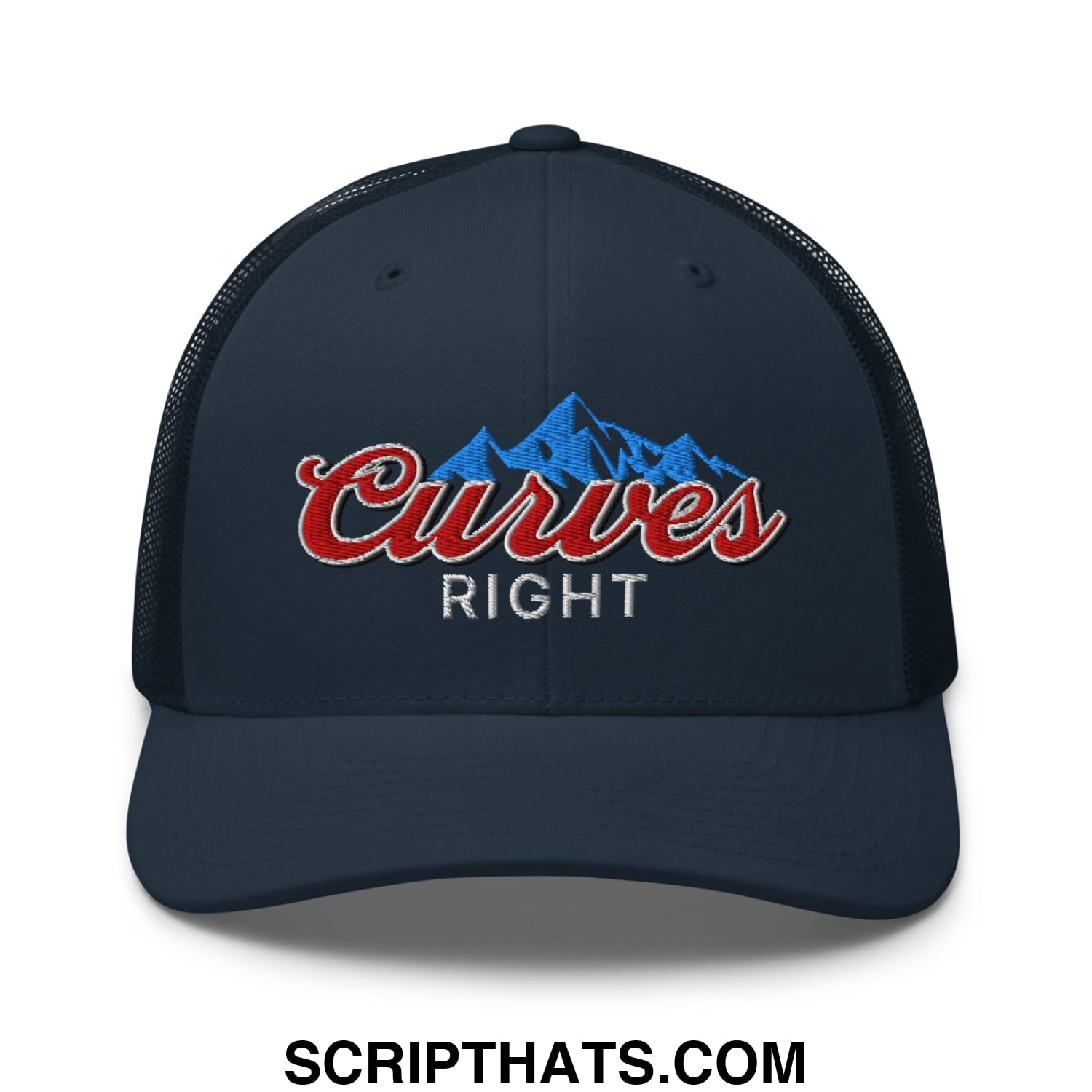 Curves Right Embroidered Mesh Trucker Hat Navy