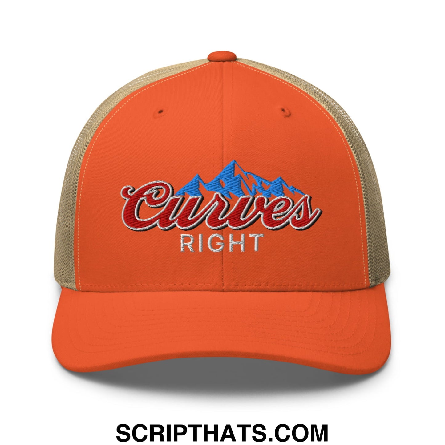 Curves Right Embroidered Mesh Trucker Hat Rustic Orange Khaki