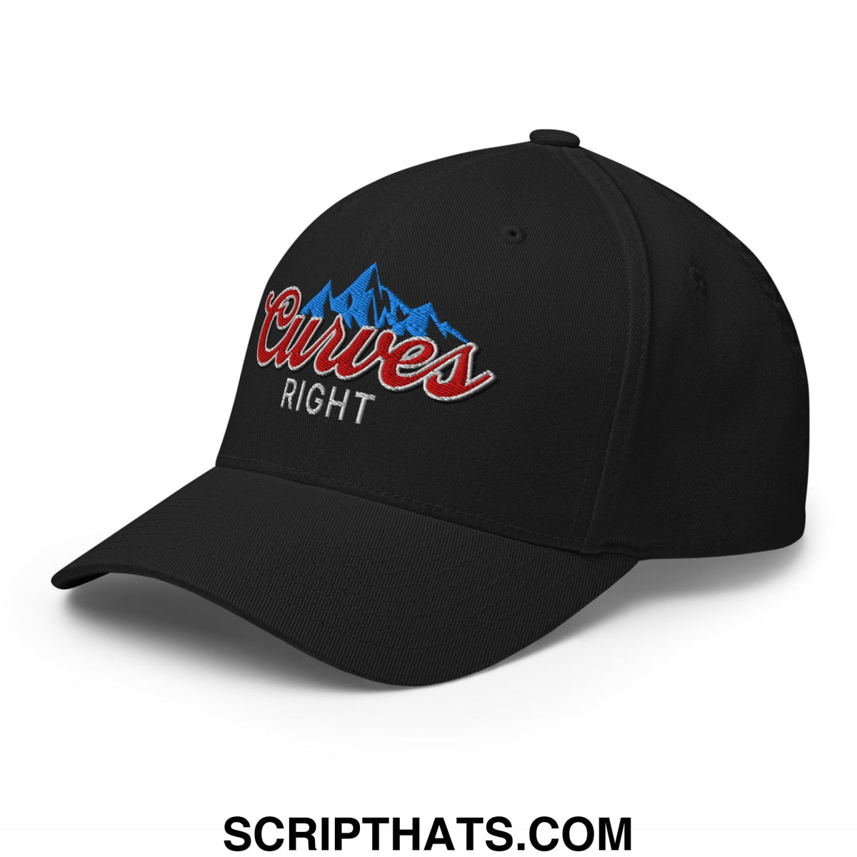 Black stretch fit golf hat with embroidered curves right logo featuring blue mountain and red script lettering