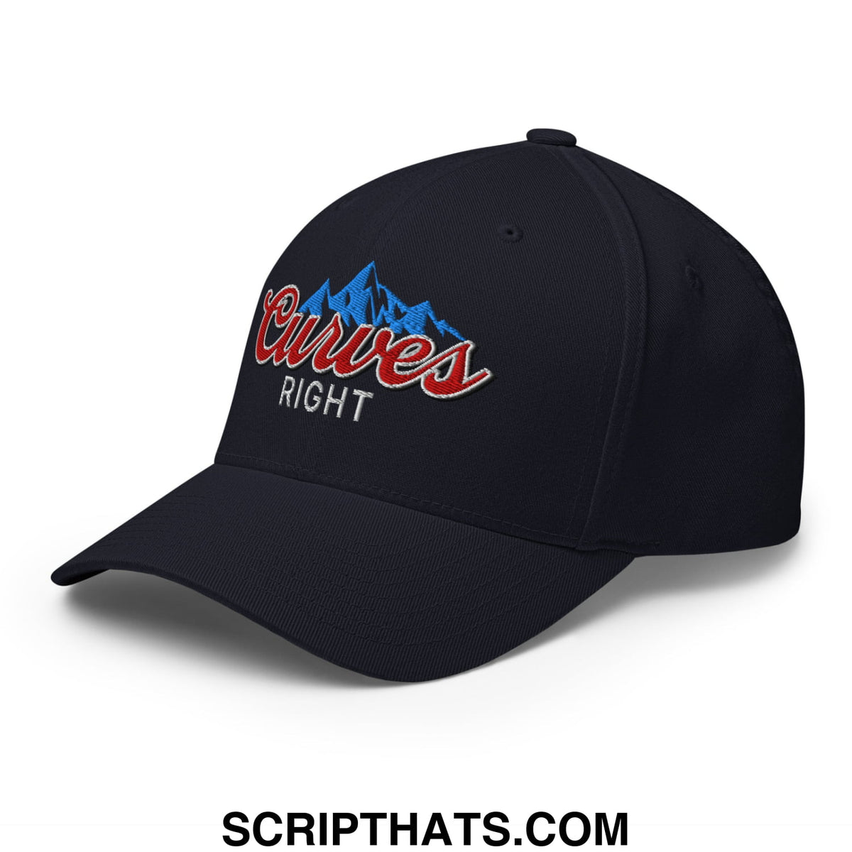 Black stretch fit golf hat with embroidered curves right logo in red script and blue mountain design