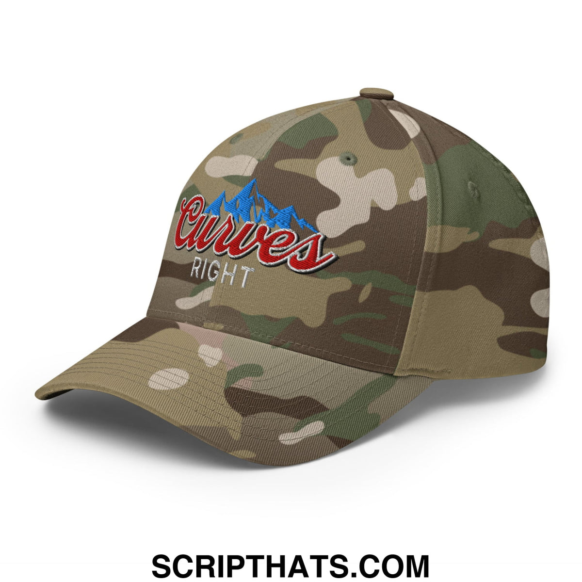 Camouflage stretch fit golf hat with red curves and white right embroidered logo accented by blue mountain shapes