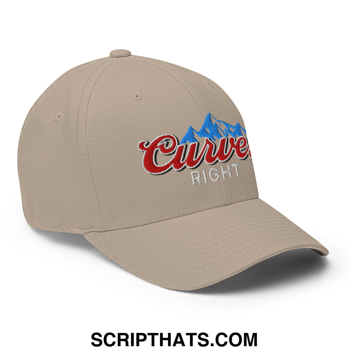 Beige stretch fit golf hat with embroidered curve right logo in red script and blue mountain graphic