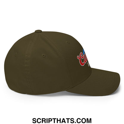 Olive green stretch fit golf hat with embroidered red and blue logo on the side from Curves Right collection