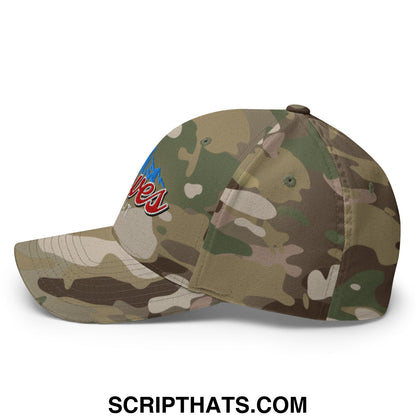 Curves Right embroidered stretch fit golf hat in camouflage with red and blue logo on the front