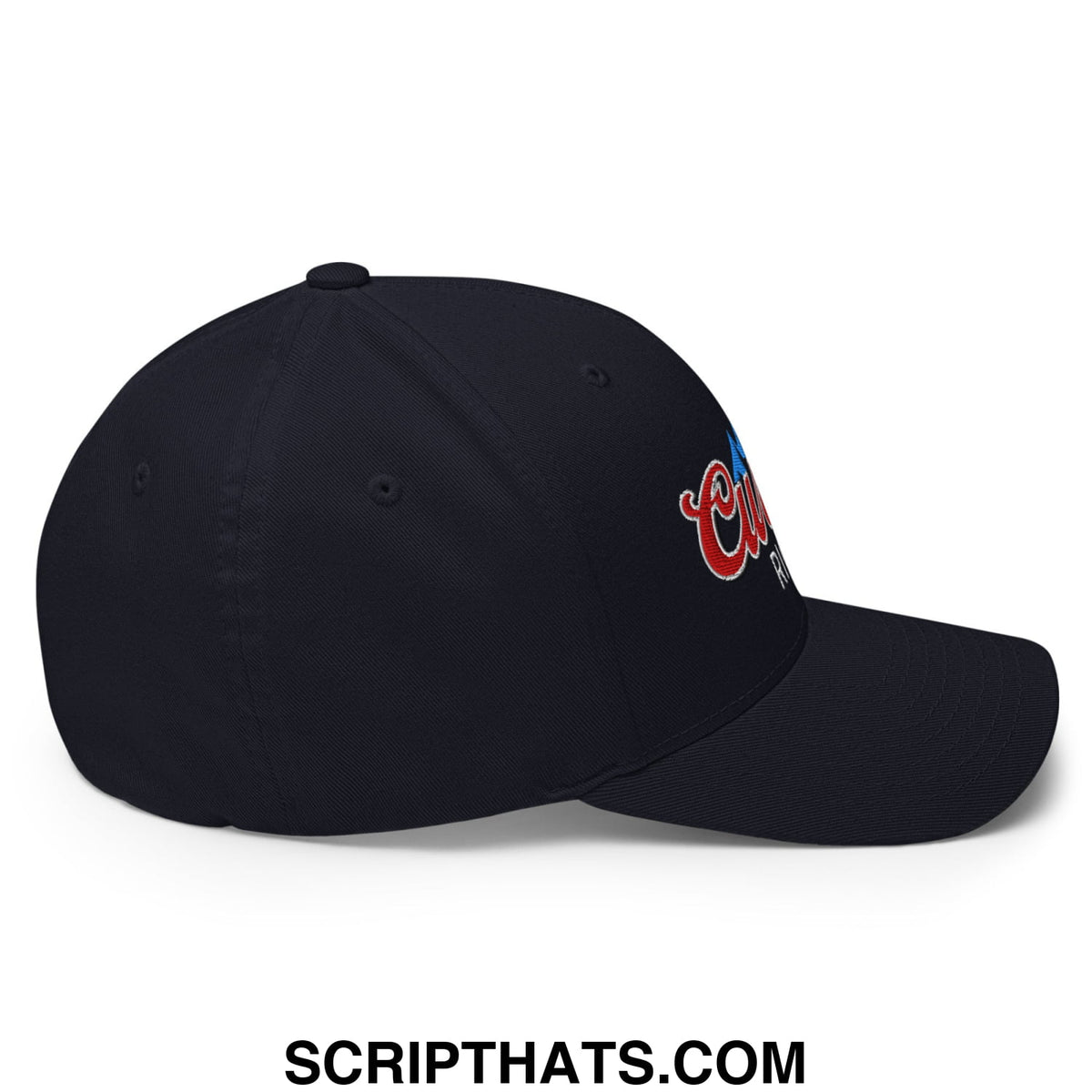 Black stretch fit golf hat with embroidered red and blue script logo on the side titled Curves Right Embroidered Stretch Fit