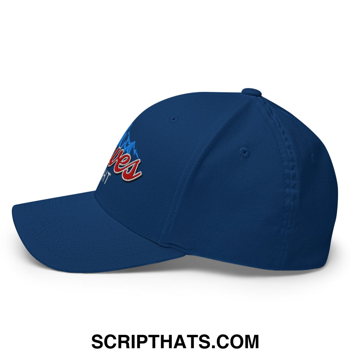 Navy blue stretch fit golf hat with embroidered red and white curves right script logo on front