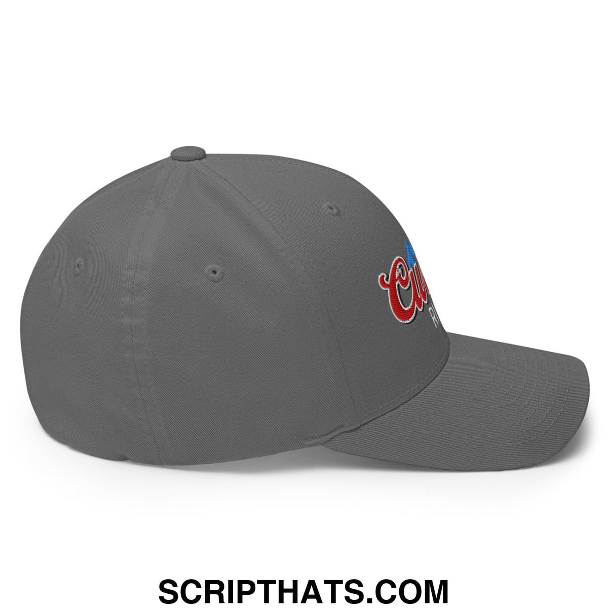 Gray stretch fit golf hat with embroidered red and blue curves right logo on the side