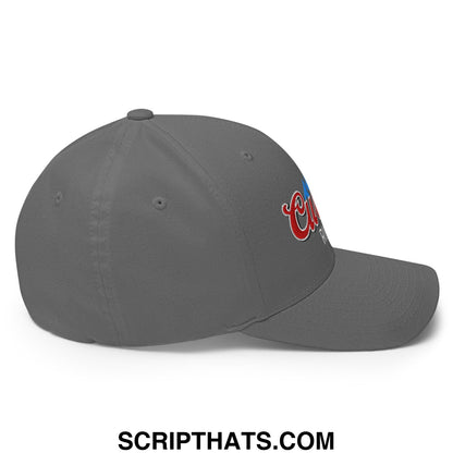 Gray stretch fit golf hat with embroidered red and blue curves right logo on the side
