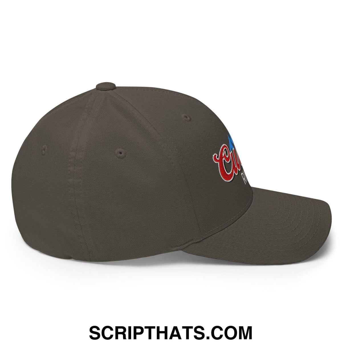Dark olive green stretch fit golf hat with embroidered red and blue script logo on the side