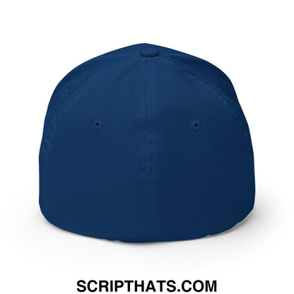 A solid navy blue fitted baseball cap with structured crown and stitched panels for golf by Curves Right