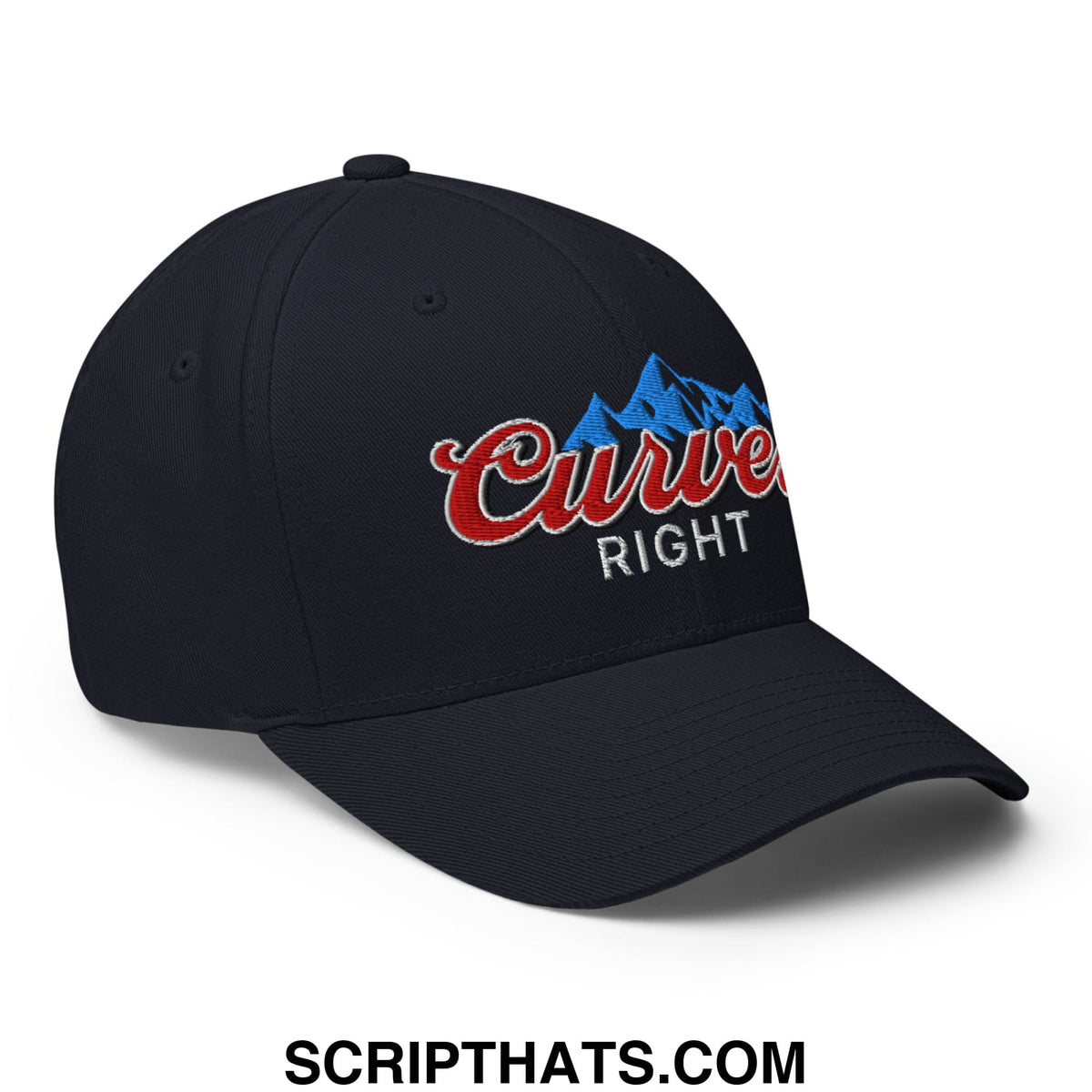 Black stretch fit golf hat with embroidered red curve right script and blue mountain silhouette logo