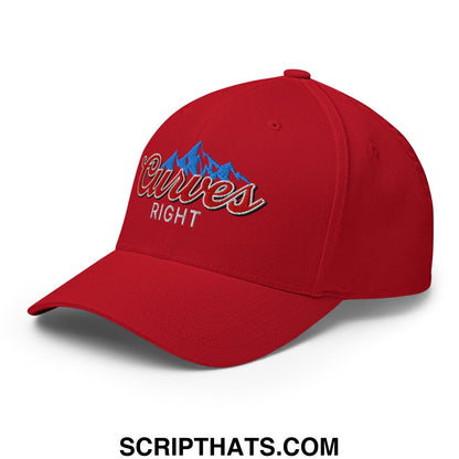 Red stretch fit golf hat with embroidered blue mountain and red curves right script on front panel