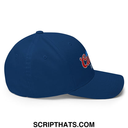Navy blue stretch fit golf hat with embroidered red and white script logo on the side for curved fit style