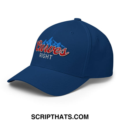 Navy blue stretch fit golf hat featuring embroidered red curves right logo and blue mountain design