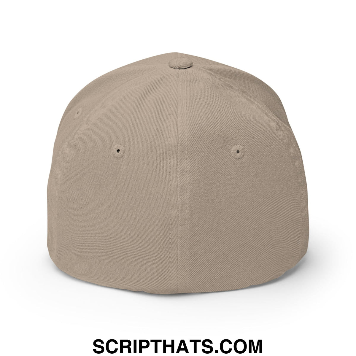 Beige stretch fit golf hat with structured curved brim and visible stitching details embroidered with curves right design