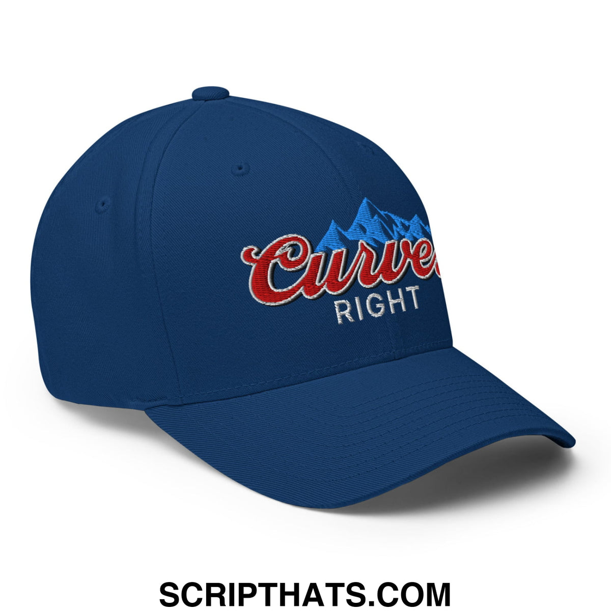 Navy blue stretch fit golf hat with embroidered curve right red script logo and light blue stylized mountain design