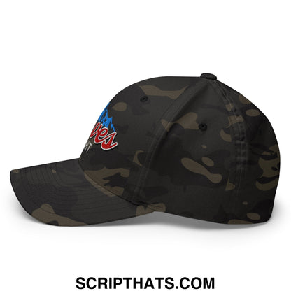 Black and olive camouflage stretch fit golf hat with embroidered red and blue script logo on the front