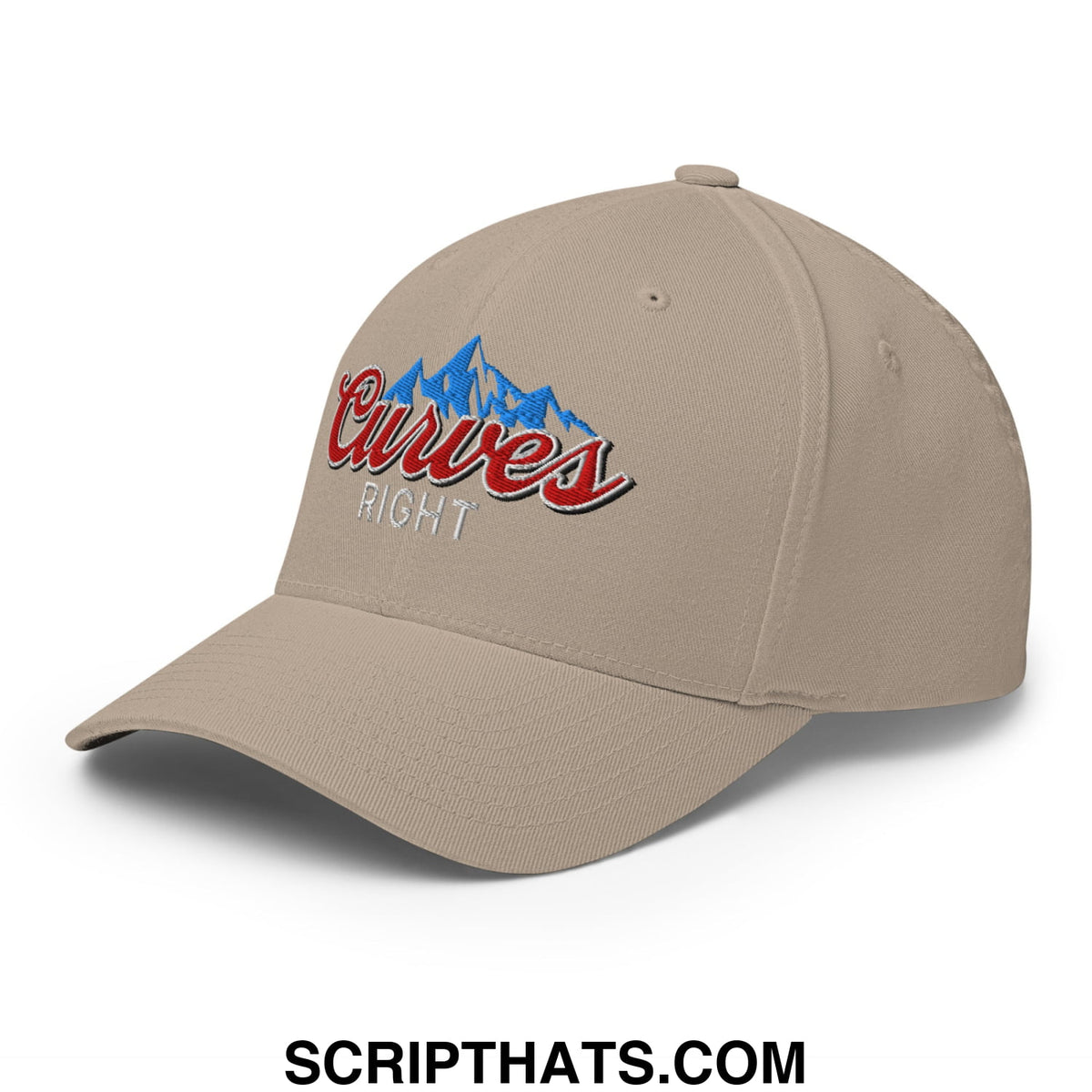 Beige stretch fit golf hat with embroidered blue mountain peaks and red cursive curves right text with white outline