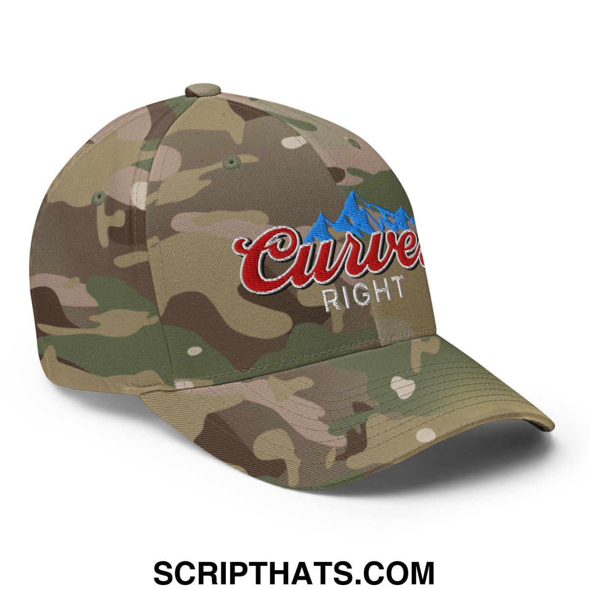 A camouflage stretch fit golf hat featuring an embroidered red and blue curve right logo with mountain design