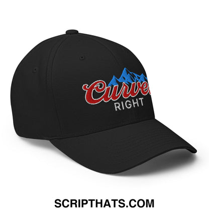 Black stretch fit golf hat with embroidered curve right red script and blue mountain silhouette logo