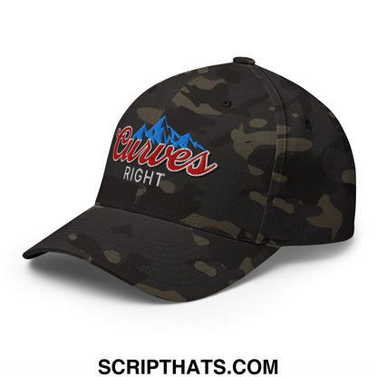 Black and olive camouflage stretch fit golf hat with embroidered blue mountains and red cursive curves right logo