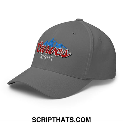 Gray stretch fit golf hat featuring embroidered curves right logo with blue mountain design and red script lettering