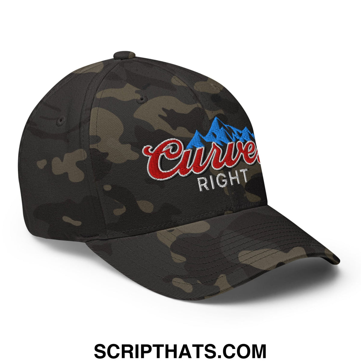 A black and olive camouflage stretch fit golf hat with red cursive curve text blue mountain graphic and white right lettering