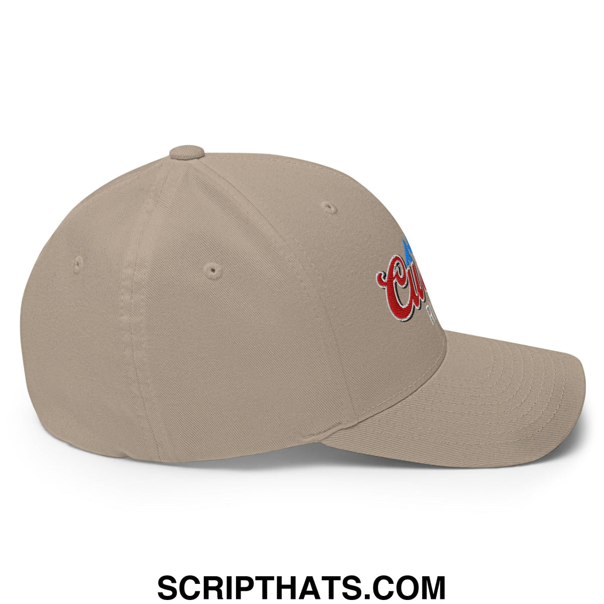 Beige stretch fit golf hat with embroidered red and blue script logo on the side for curved right fit